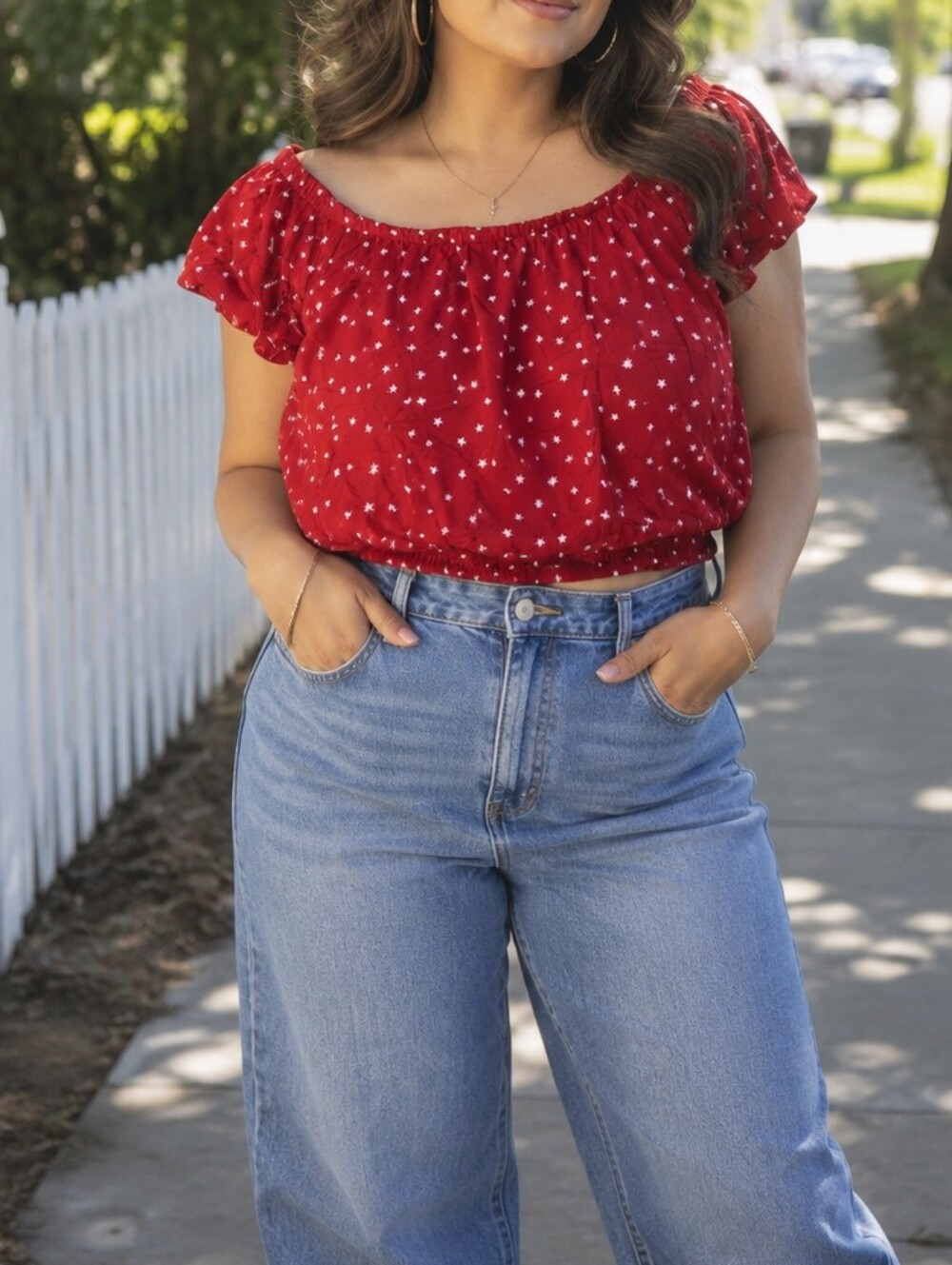 Love, Fire Red Star Print Off Shoulder Crop Top | Elastic Puff Sleeve Boho